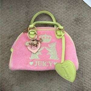 Juicy Couture Pink Terry Cloth Satchel with Lime Trim and Heart Charm